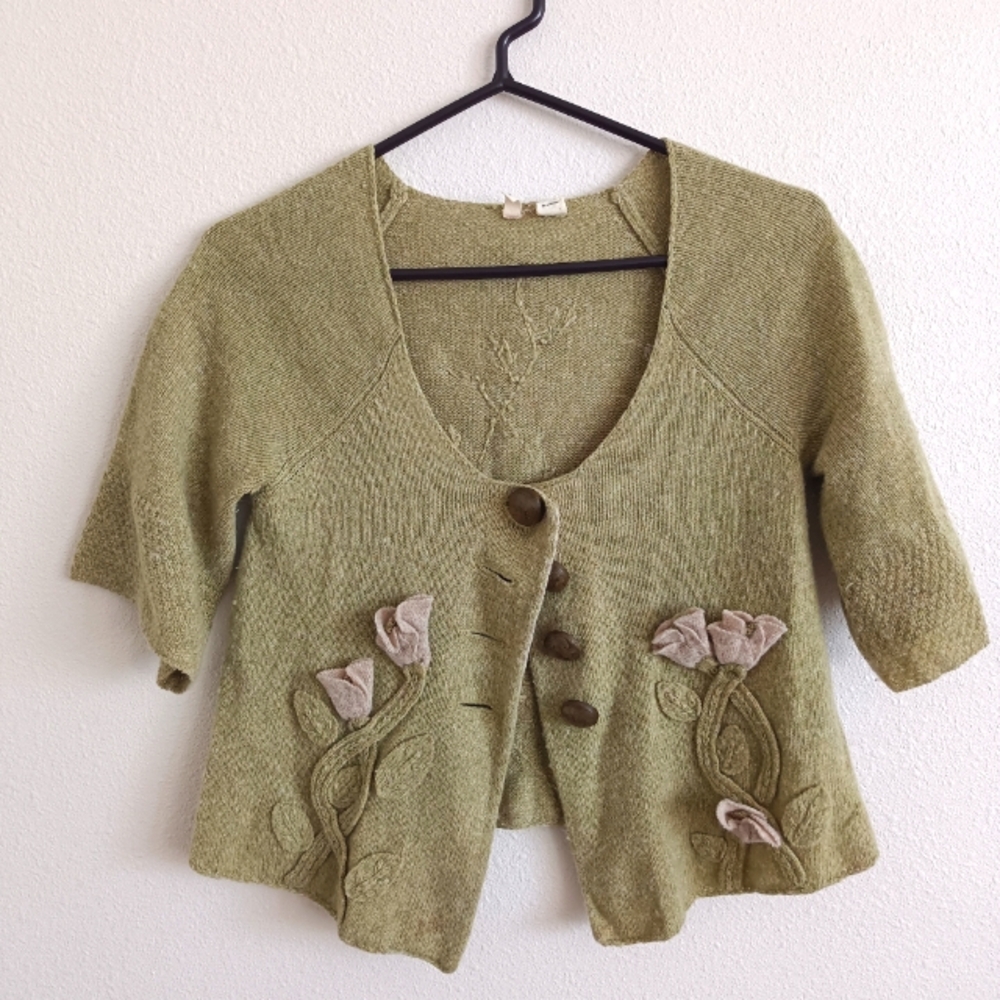 Anthropologie Green Floral Cardigan